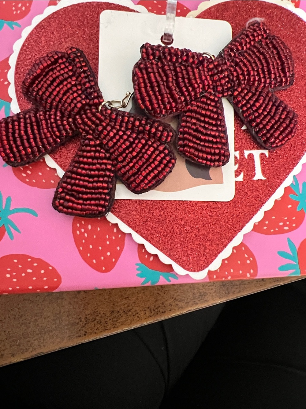 Source Unknown Red Beaded Bow Earrings